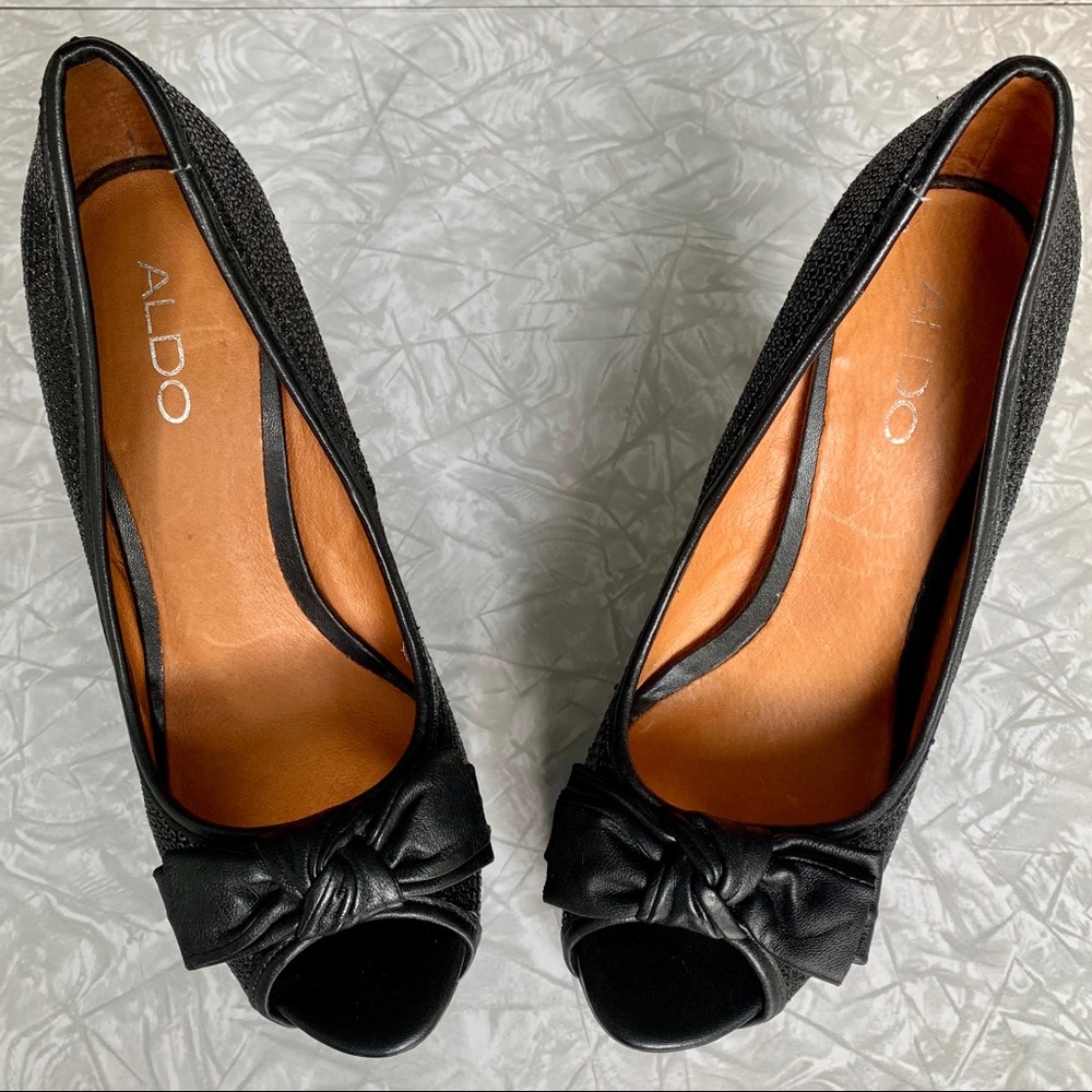 Aldo Platform Peep-Toe Sequin Bow Heels 8-8.5
